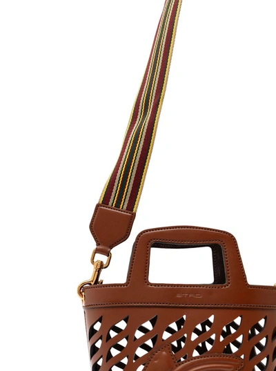 Shop Etro Brown Bucket Bag With Multicolor Shoulder Strap And Pegasus Detail In Perforated Leather Woman