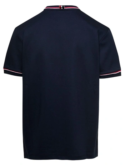 Shop Thom Browne Blue Crewneck T-shirt With Striped Trim In Cotton Man