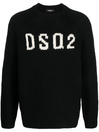 Shop Dsquared2 Logo Intarsia-knit Wool Jumper In Black/natural Grey Logo