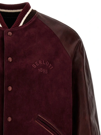Shop Berluti Logo Leather Suede Bomber Jacket In Bordeaux