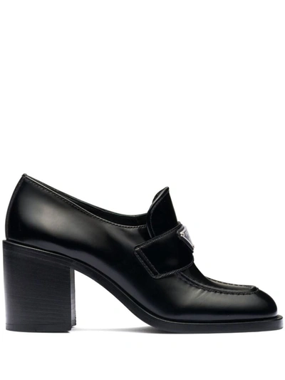 Shop Prada Block-heel Brushed-leather Loafers In Nero