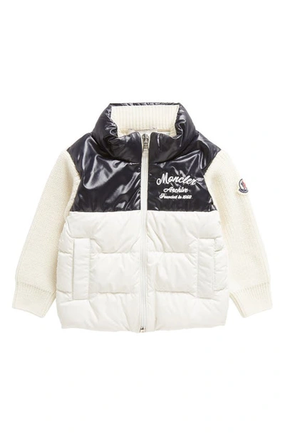 Shop Moncler Kids' Mixed Media Cardigan Down Puffer Jacket In Ivory/ Navy