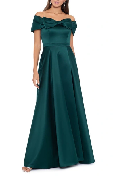 Shop Xscape Evenings Bow Front Off The Shoulder Satin Ballgown In Hunter