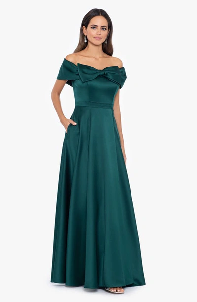Shop Xscape Evenings Bow Front Off The Shoulder Satin Ballgown In Hunter