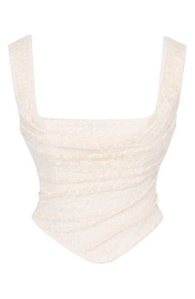 Shop House Of Cb Una Floral Cowl Neck Lace-up Corset Top In Vintage Cream