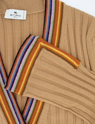 Shop Etro Beige Slim-fit Ribbed Wool Cardigan In Brown