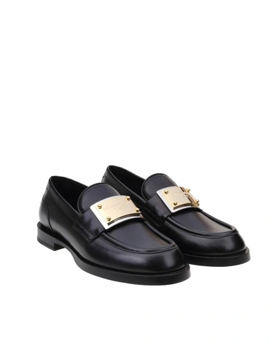 Shop Dolce & Gabbana Leather Moccasin With Logo Plate In Black
