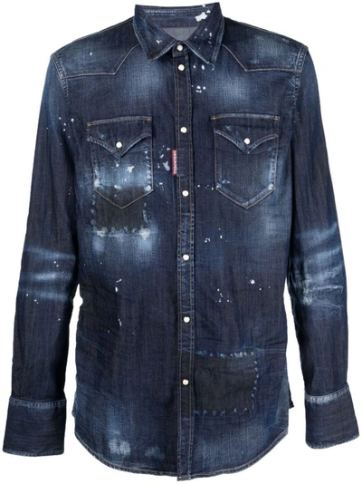Shop Dsquared2 Denim Shirt With Paint Splatter Effect In Blue