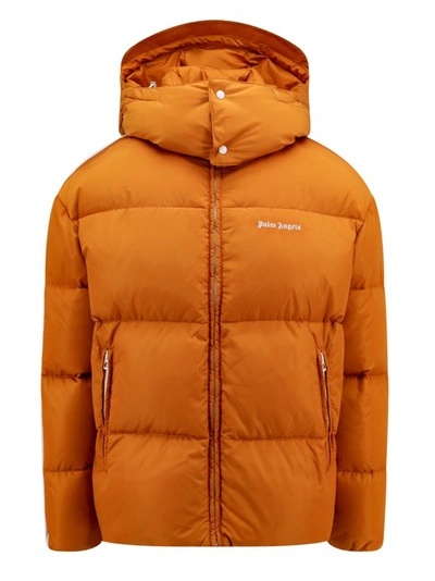 Shop Palm Angels Logo Print Padded And Quilted Econylon Jacket In Orange
