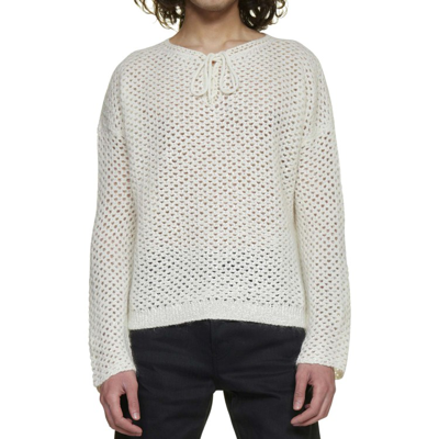 Shop Saint Laurent White Crochet Wool Pullover