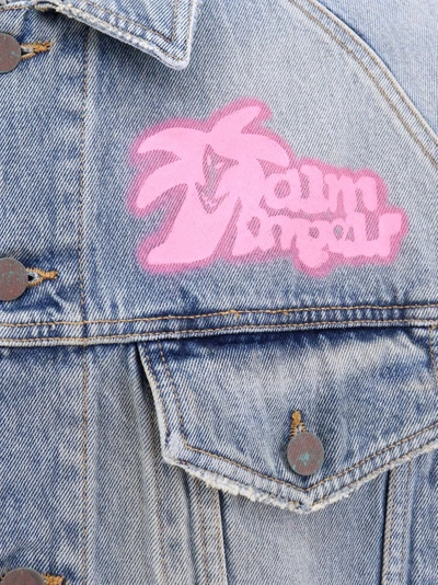 Shop Palm Angels Spray Hunter Logo Denim Jacket In Blue