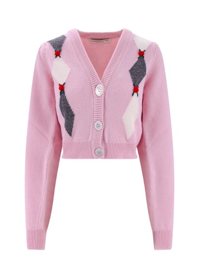 Shop Alessandra Rich Wool Cardigan With Floral Embroideries In Pink