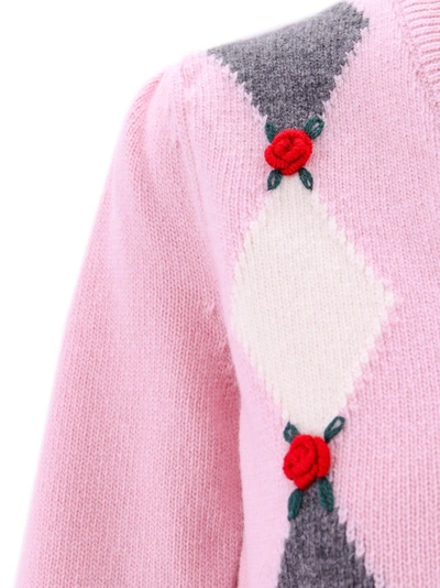 Shop Alessandra Rich Wool Cardigan With Floral Embroideries In Pink