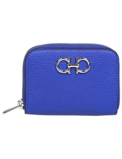 Shop Ferragamo Gancini Card Holder In Lapis Color Leather In Blue