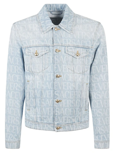 Shop Versace Allover Logo-print Denim Jacket In Blue