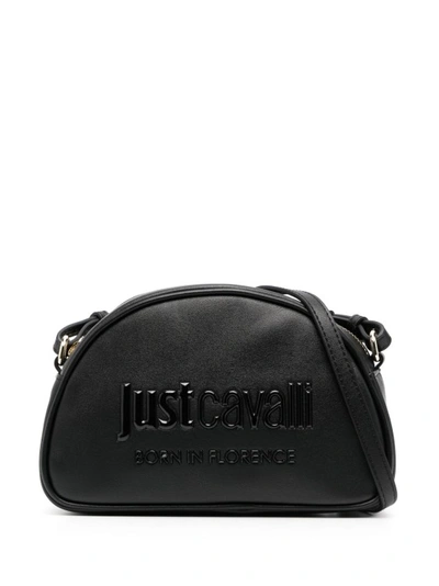 Shop Just Cavalli Logo Embossed Black Shoulder Bag