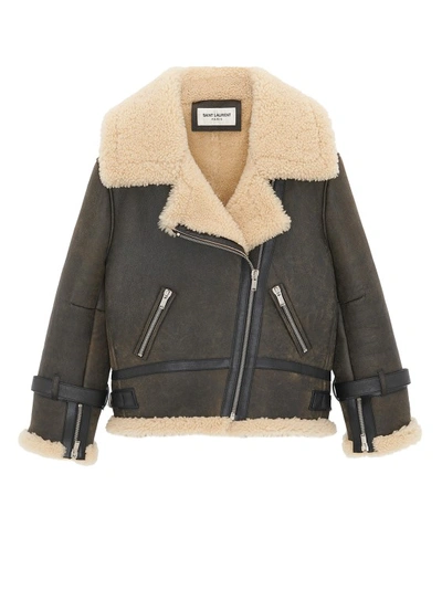 Shop Saint Laurent Leather Jacket With Shearling Lining In Brown