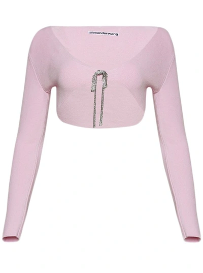 Shop Alexander Wang V-neck Cropped Cardigan With Crystal Tie In Pink