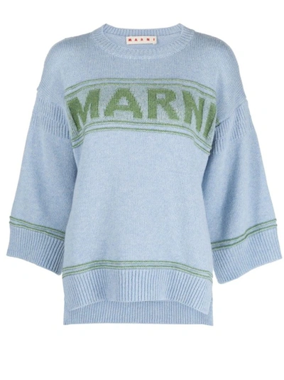 Shop Marni Logo Print Blue Sweater