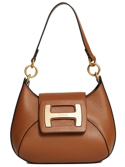 Shop Hogan Brown Hobo Mini Leather Bag In Neutrals