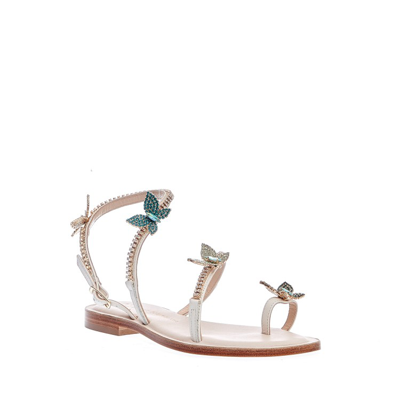 Paola Fiorenza Single Finger Sandal With Green Butterflies In White