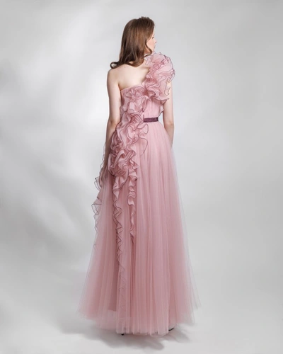 Shop Gemy Maalouf Asymmetrical Laser Cut Ruffled Dress - Long Dresses In Pink
