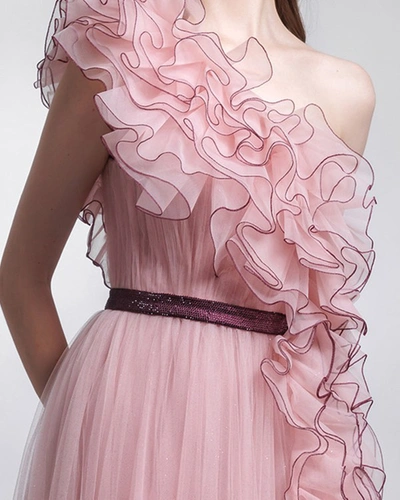 Shop Gemy Maalouf Asymmetrical Laser Cut Ruffled Dress - Long Dresses In Pink