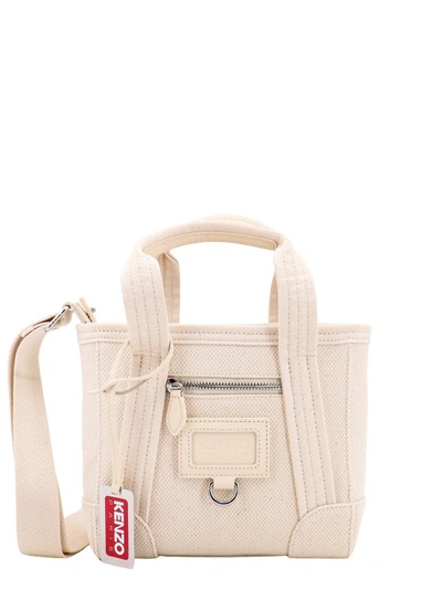 Shop Kenzo Canvas Shoulder Bag With Logoed Hang-tag In Neutrals