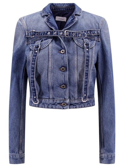 Shop Off-white Cargo Crop Fit Denim Jacket In Blue