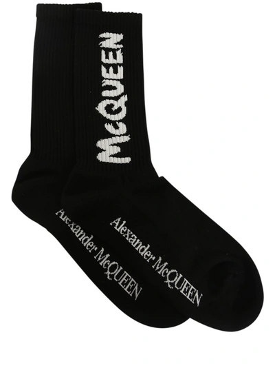 Shop Alexander Mcqueen Ribbed-knit Logo Socks In Black