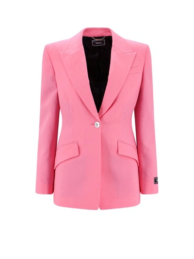 Shop Versace Virgin Wool Blazer With All-over Logo In Pink