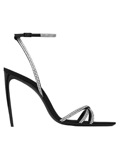 Shop Saint Laurent Gippy 105 Black And Crystal High Heel Ankle-strap Sandals