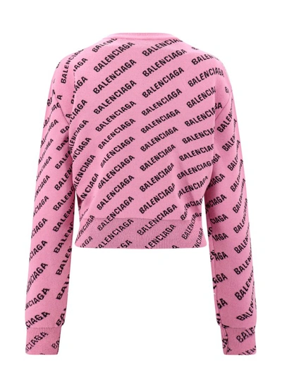 Shop Balenciaga Cotton And Wool Sweater With All-over Logo In Pink