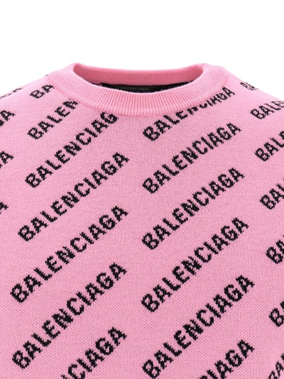 Shop Balenciaga Cotton And Wool Sweater With All-over Logo In Pink
