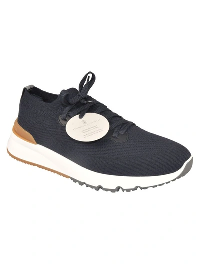 Shop Brunello Cucinelli Navy Wool Knitted Low-top Sneakers In Blue