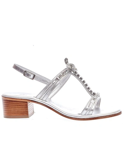 Shop Paola Fiorenza 40mm Silver Leather Sandals With Rhinestones