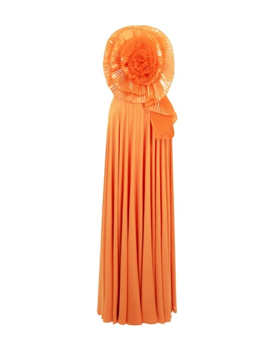 Shop Gemy Maalouf Strapless Flower Dress - Long Dresses In Orange