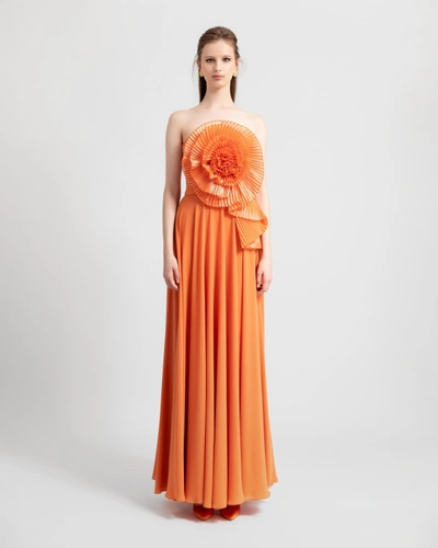 Shop Gemy Maalouf Strapless Flower Dress - Long Dresses In Orange