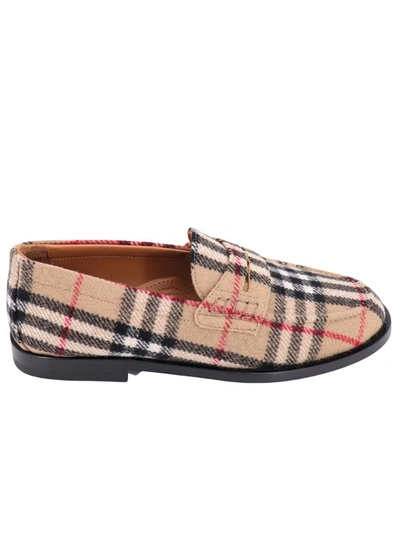 Shop Burberry Wool Felt Loafer With Check Pattern In Brown