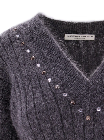 Shop Alessandra Rich Wool Blend Sweater With Studs And Rhinestones In Grey