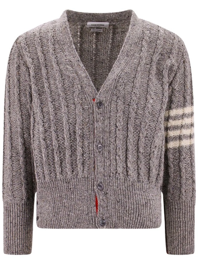 Shop Thom Browne Iconic Contrasting Bands Mohair Wool Cardigan In Grey