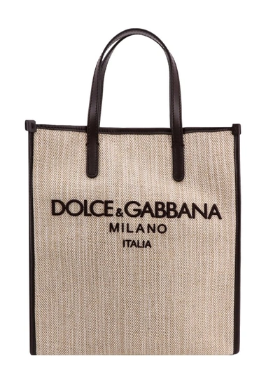 Shop Dolce & Gabbana Canvas And Linen Handbag With Logo Embroidery In Neutrals