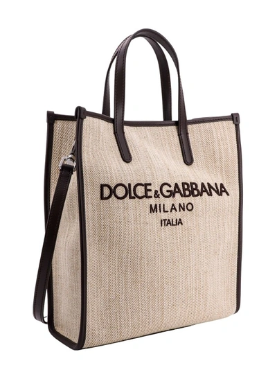Shop Dolce & Gabbana Canvas And Linen Handbag With Logo Embroidery In Neutrals