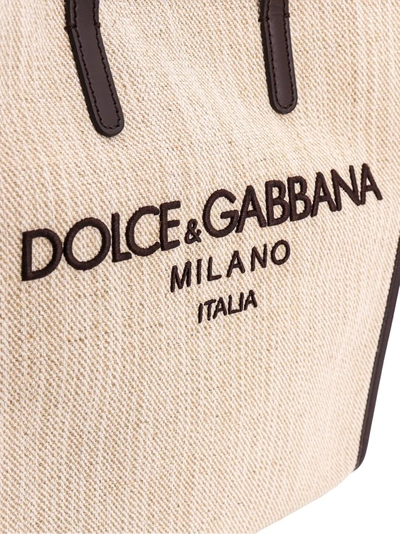 Shop Dolce & Gabbana Canvas And Linen Handbag With Logo Embroidery In Neutrals