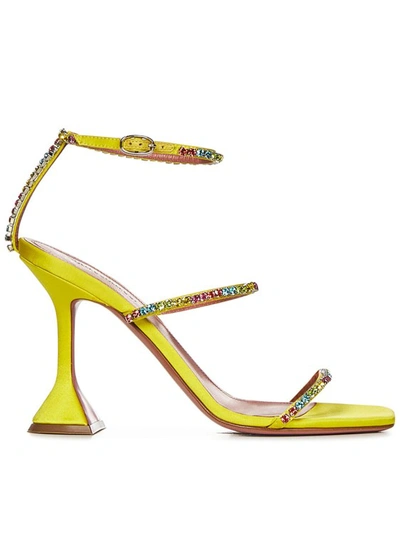 Shop Amina Muaddi Yellow Silk Sandals