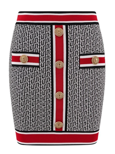 Shop Balmain Knit Skirt With All-over Monogram In Black