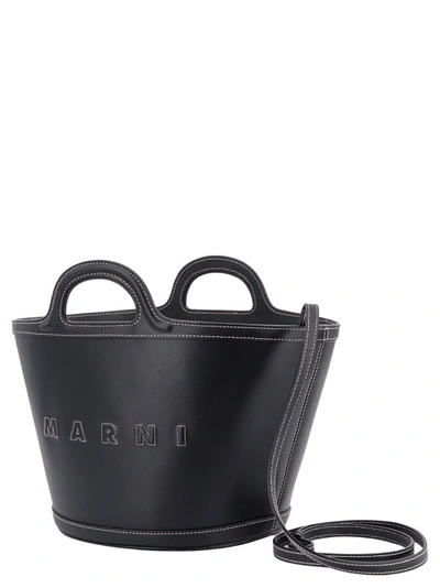 Shop Marni Leather Handbag With Embossed Logo In Black