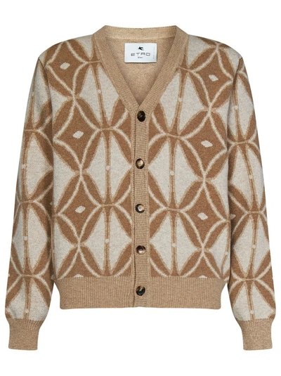 Shop Etro Jacquard Virgin Wool Knit Beige Cardigan In Brown