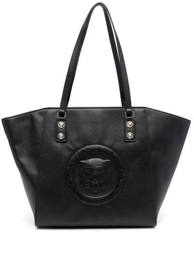Shop Just Cavalli Logo Embossed Black Tote Bag