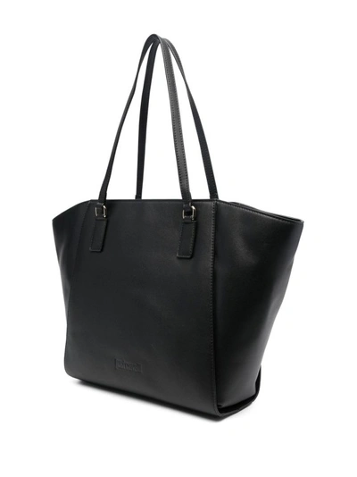 Shop Just Cavalli Logo Embossed Black Tote Bag